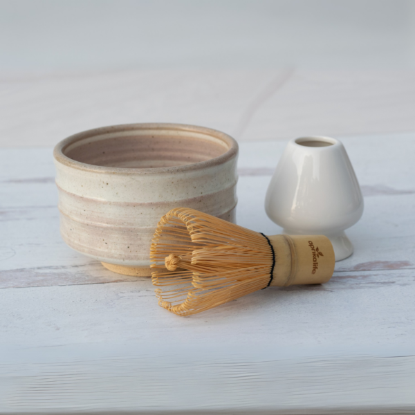 18 Beige Ceramic Matcha Bowl and Bamboo Whisk Set