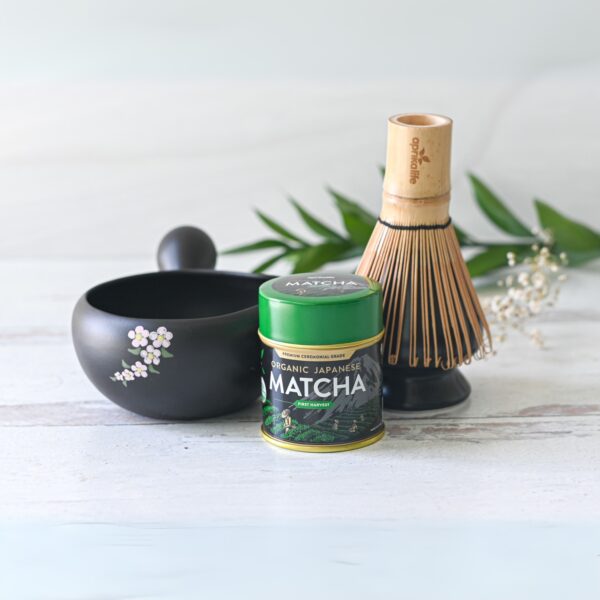 Black Flowers Matcha Bowl with Spout