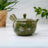 Green Kuysu with Flowers - Japanese Handmade Teapot with Premium Tea Strainer - 14 fl oz/420ml