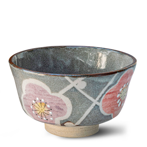 M1437 Grey with Flowers Matcha Bowl