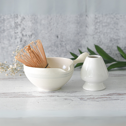 White Striped Matcha Bowl with Spout Set